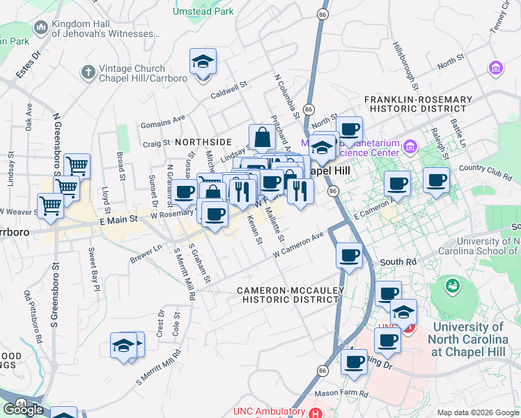 map of restaurants, bars, coffee shops, grocery stores, and more near 213 West Franklin Street in Chapel Hill