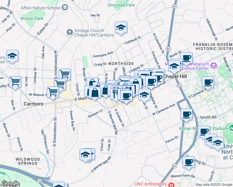 map of restaurants, bars, coffee shops, grocery stores, and more near 106 North Roberson Street in Chapel Hill
