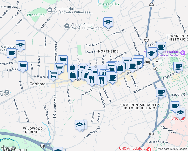 map of restaurants, bars, coffee shops, grocery stores, and more near 202 North Graham Street in Chapel Hill