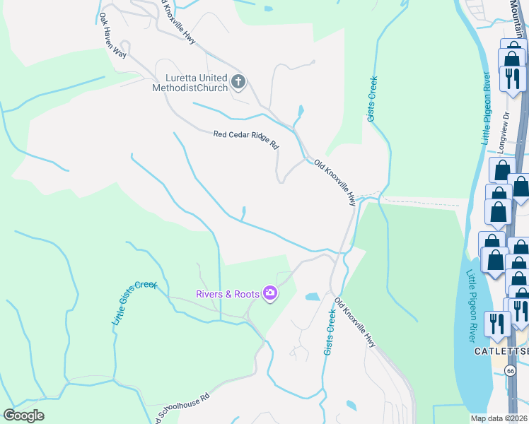 map of restaurants, bars, coffee shops, grocery stores, and more near 401-485 Red Cedar Ridge Road in Sevierville