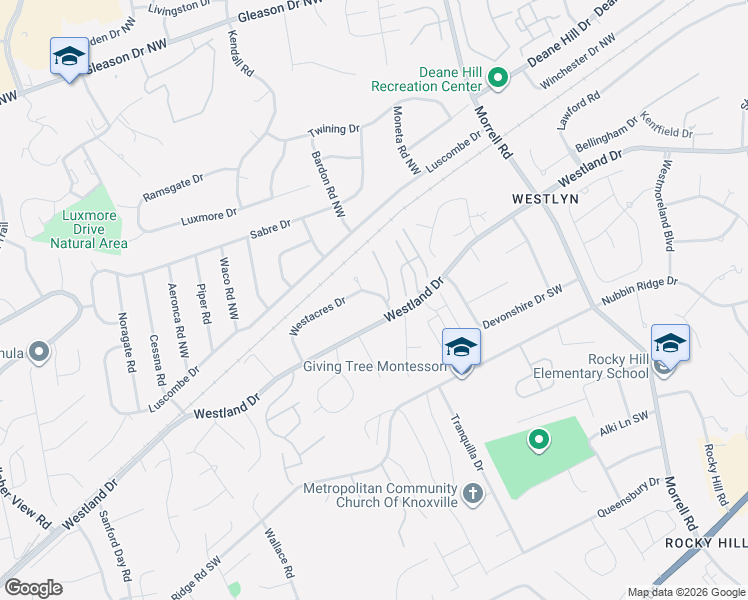 map of restaurants, bars, coffee shops, grocery stores, and more near 7804 Westacres Drive in Knoxville