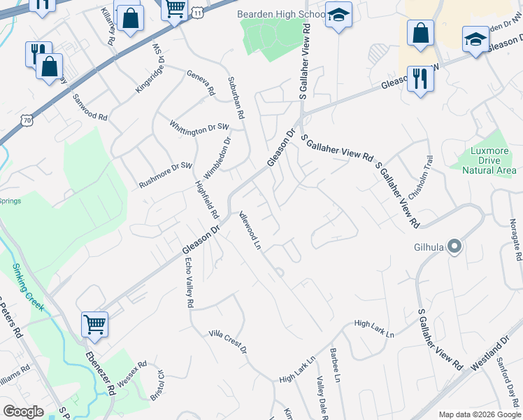 map of restaurants, bars, coffee shops, grocery stores, and more near 8604 Braveheart Way in Knoxville