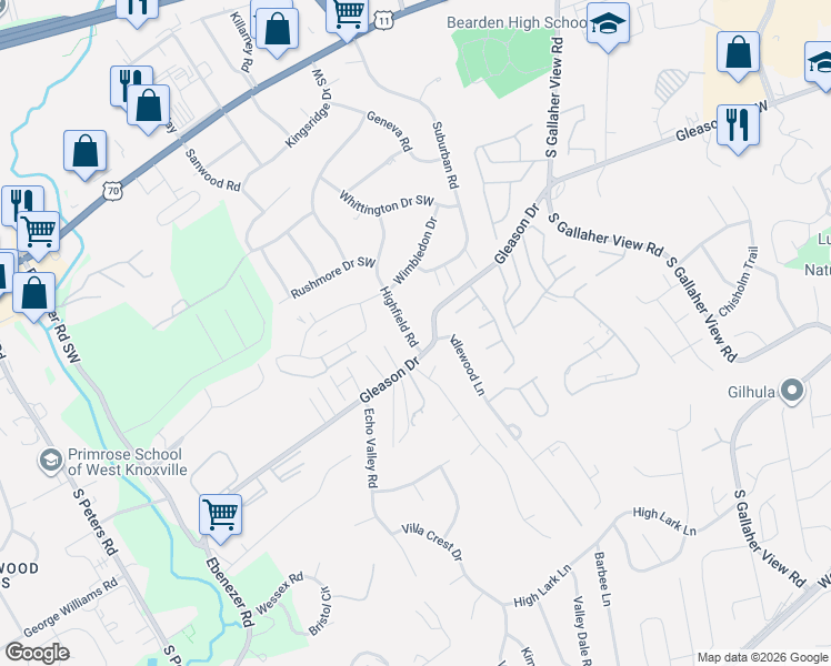 map of restaurants, bars, coffee shops, grocery stores, and more near 312 Highfield Road in Knoxville