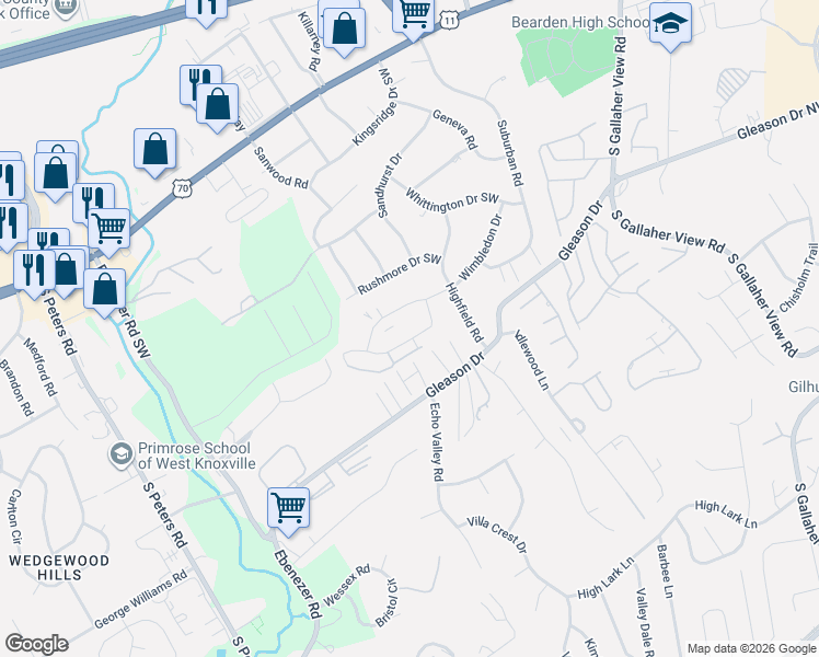 map of restaurants, bars, coffee shops, grocery stores, and more near 8720 Wimbledon Drive in Knoxville