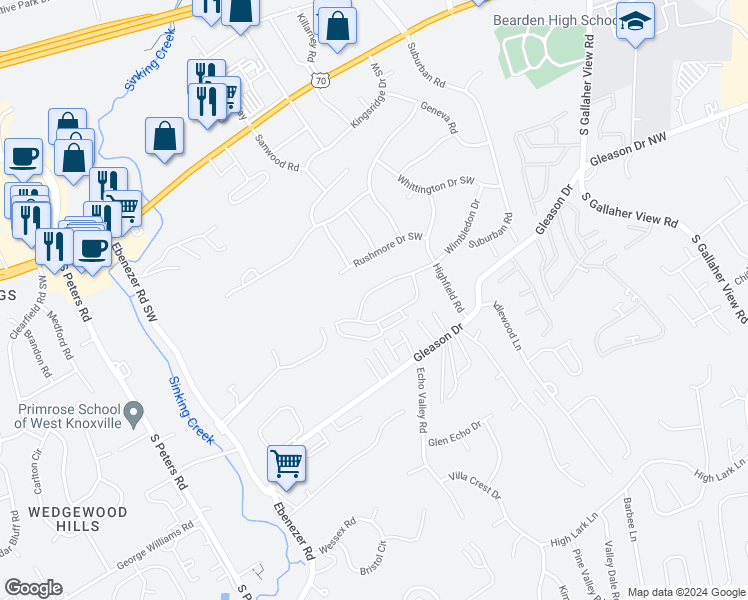 map of restaurants, bars, coffee shops, grocery stores, and more near 8739 Wimbledon Drive in Knoxville