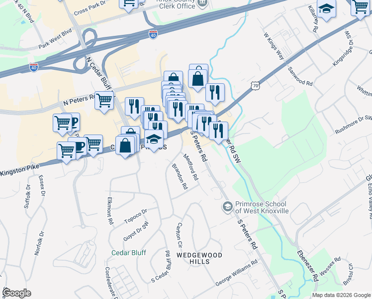 map of restaurants, bars, coffee shops, grocery stores, and more near 200 Medford Road in Knoxville