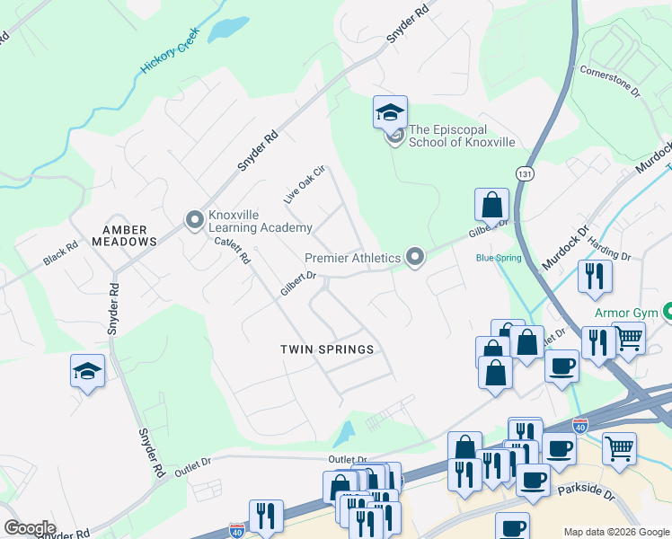 map of restaurants, bars, coffee shops, grocery stores, and more near 1414 Live Oak Circle in Knoxville