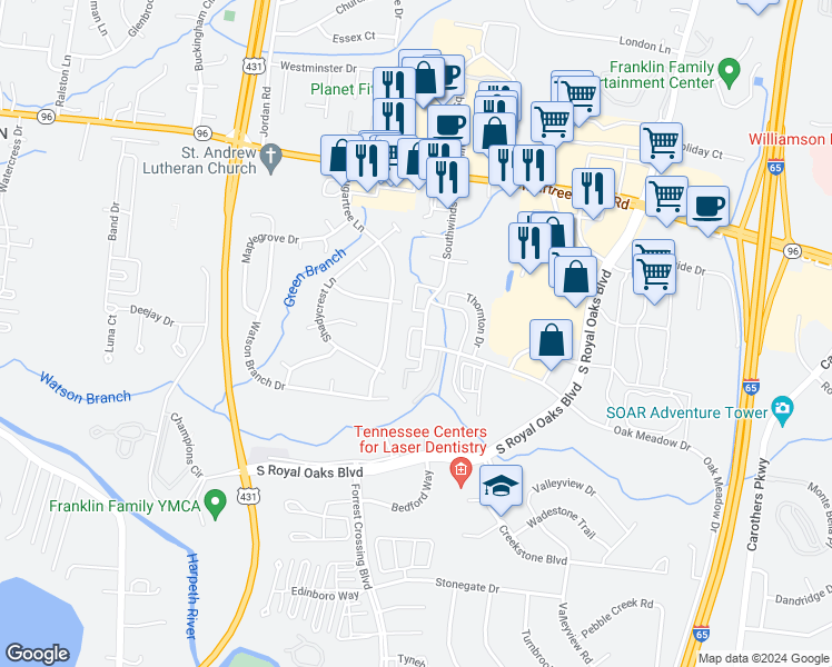 map of restaurants, bars, coffee shops, grocery stores, and more near 2501 Kennedy Court in Franklin