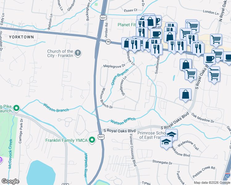 map of restaurants, bars, coffee shops, grocery stores, and more near 100 Crestview Court in Franklin