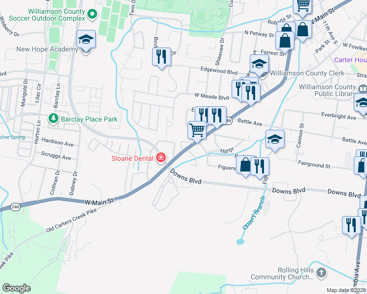 map of restaurants, bars, coffee shops, grocery stores, and more near 1500 West Main Street in Franklin
