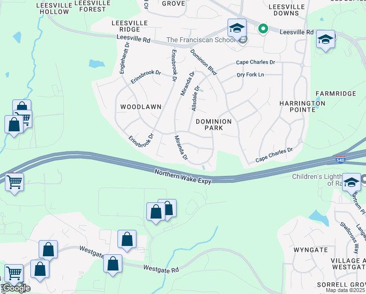 map of restaurants, bars, coffee shops, grocery stores, and more near 6625 Vosburgh Drive in Raleigh