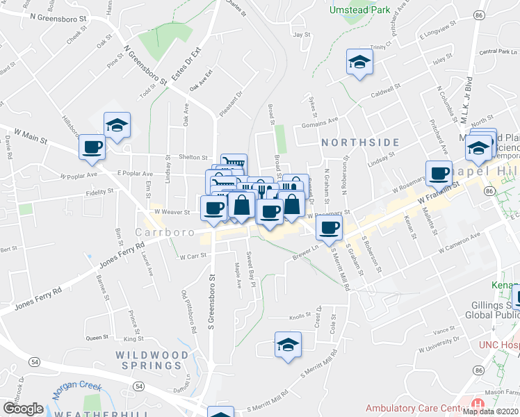 map of restaurants, bars, coffee shops, grocery stores, and more near 103 Lloyd Street in Carrboro