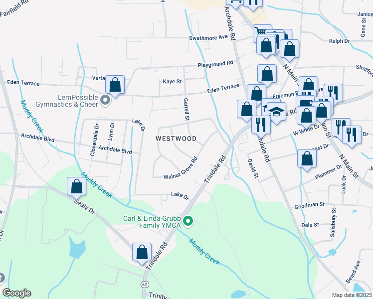 map of restaurants, bars, coffee shops, grocery stores, and more near 111 Quakerwood Drive in Archdale