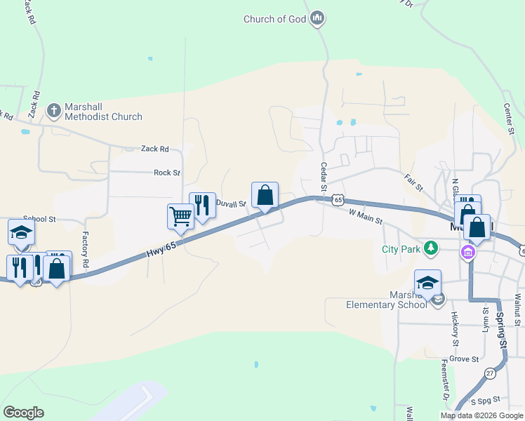 map of restaurants, bars, coffee shops, grocery stores, and more near 504 U.S. 65 in Marshall