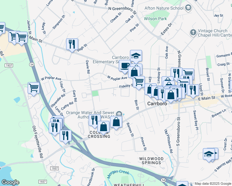 map of restaurants, bars, coffee shops, grocery stores, and more near 119 Fidelity Street in Carrboro