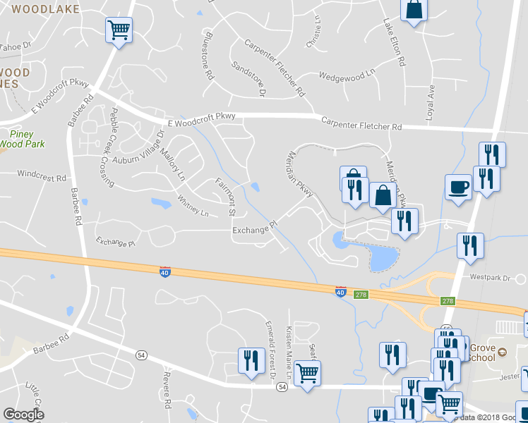 map of restaurants, bars, coffee shops, grocery stores, and more near 1450 Exchange Place in Durham