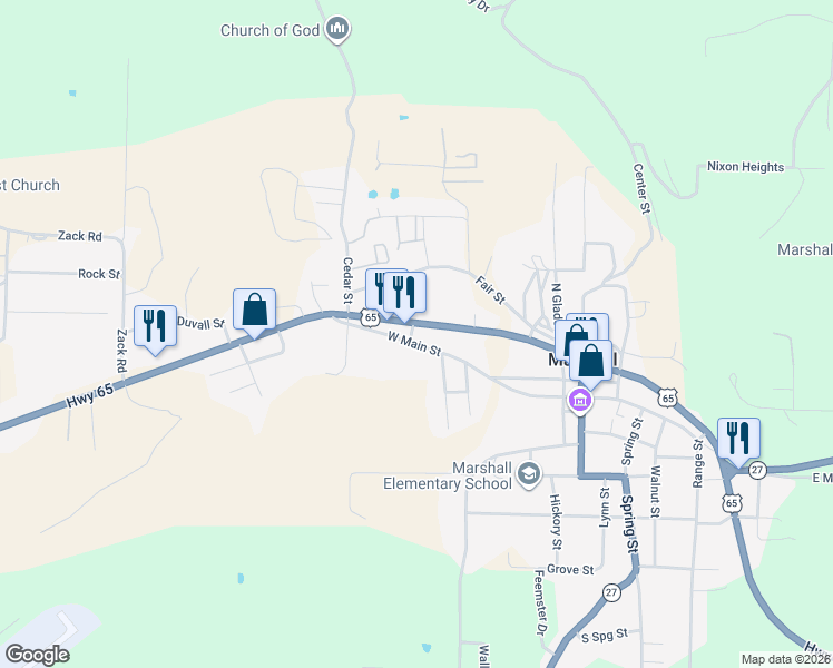 map of restaurants, bars, coffee shops, grocery stores, and more near 27 U.S. 65 in Marshall
