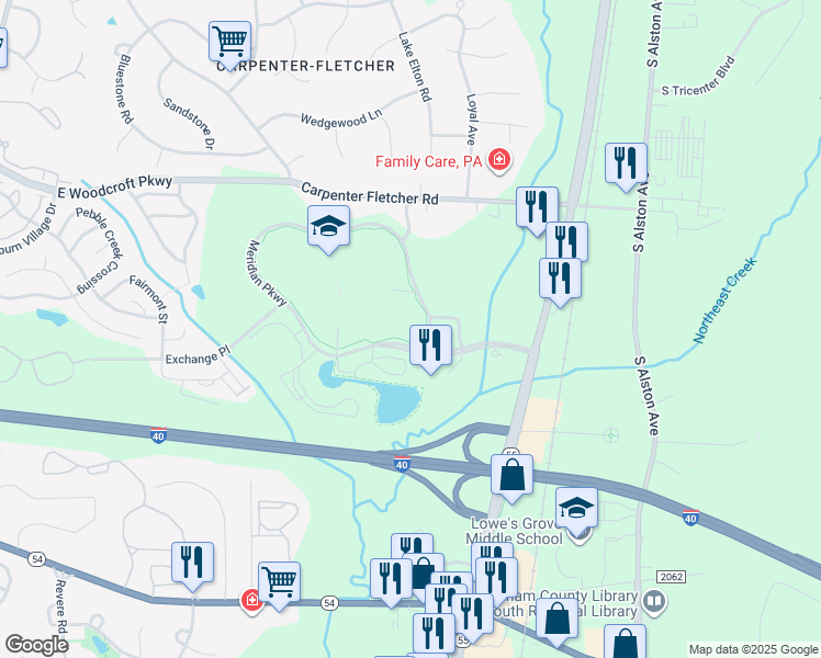 map of restaurants, bars, coffee shops, grocery stores, and more near 2520 Meridian Parkway in Durham