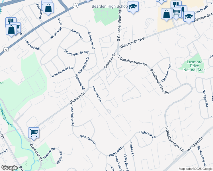 map of restaurants, bars, coffee shops, grocery stores, and more near 520 Brookshire Way in Knoxville