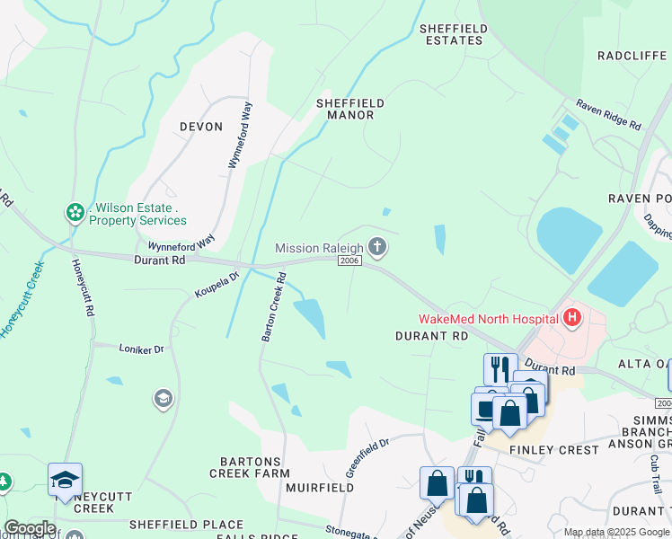map of restaurants, bars, coffee shops, grocery stores, and more near 11705 Durant Road in Raleigh
