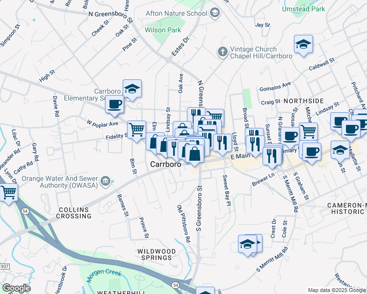 map of restaurants, bars, coffee shops, grocery stores, and more near 300 West Weaver Street in Carrboro
