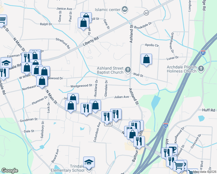 map of restaurants, bars, coffee shops, grocery stores, and more near 3505 Glendale Drive in Archdale