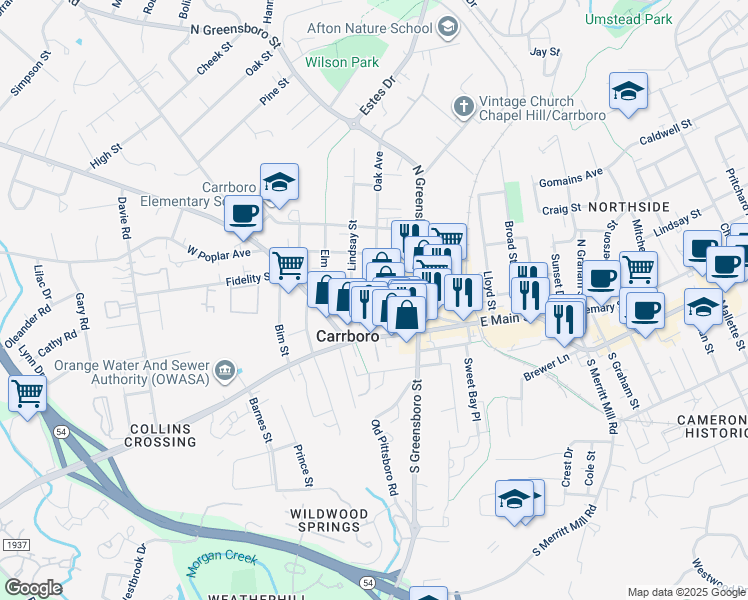 map of restaurants, bars, coffee shops, grocery stores, and more near 300 West Weaver Street in Carrboro