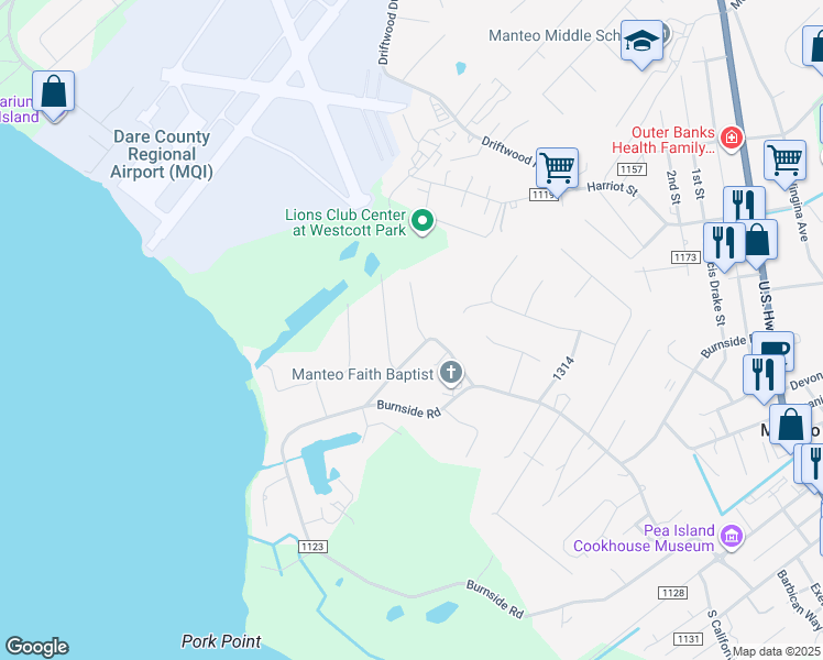 map of restaurants, bars, coffee shops, grocery stores, and more near 101 Etheridge Acres Lane in Manteo