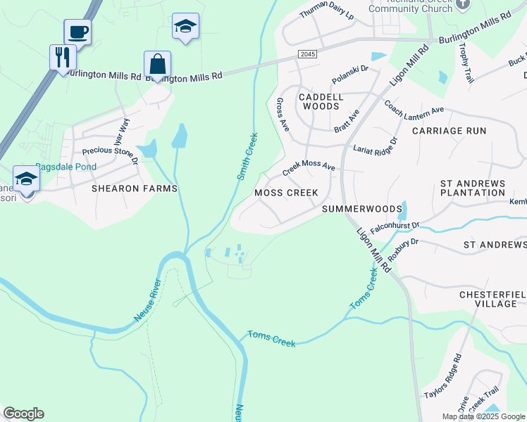 map of restaurants, bars, coffee shops, grocery stores, and more near 8525 Parlange Woods Lane in Wake Forest