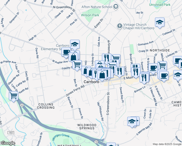 map of restaurants, bars, coffee shops, grocery stores, and more near 400 W Weaver St in Carrboro