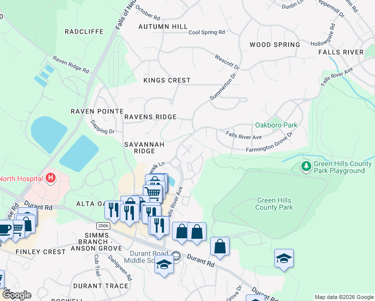 map of restaurants, bars, coffee shops, grocery stores, and more near 1300 Durlain Drive in Raleigh