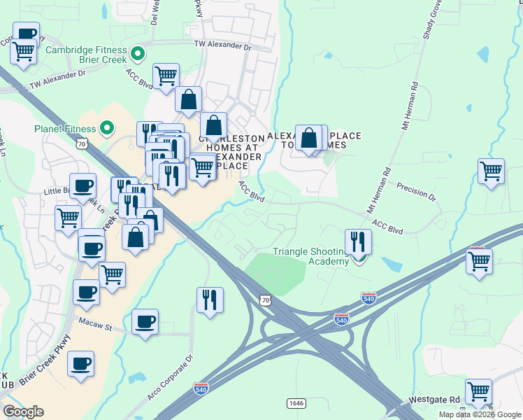 map of restaurants, bars, coffee shops, grocery stores, and more near 7641 Sumter Crest Drive in Raleigh