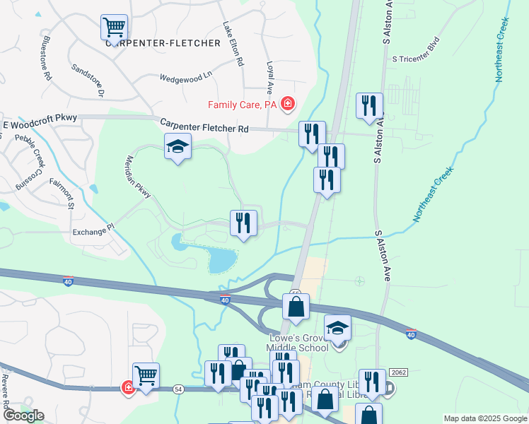 map of restaurants, bars, coffee shops, grocery stores, and more near 2510 Meridian Parkway in Durham