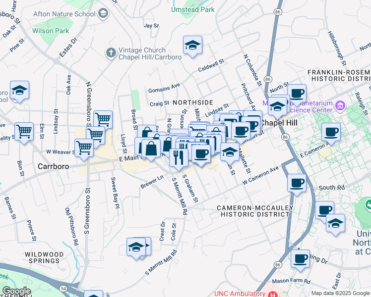 map of restaurants, bars, coffee shops, grocery stores, and more near 106 North Roberson Street in Chapel Hill