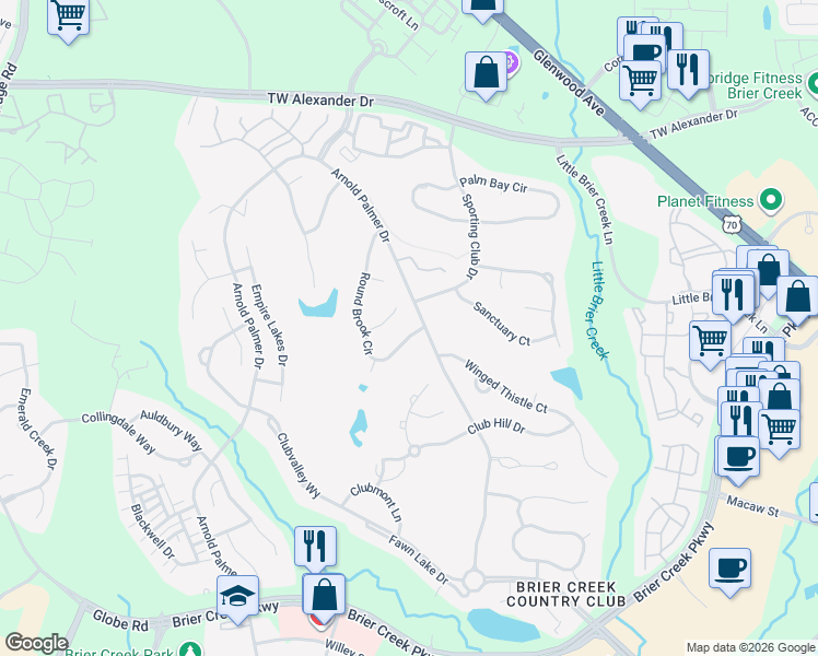 map of restaurants, bars, coffee shops, grocery stores, and more near 10704 Round Brook Circle in Raleigh
