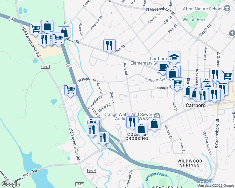 map of restaurants, bars, coffee shops, grocery stores, and more near 400 Davie Road in Carrboro