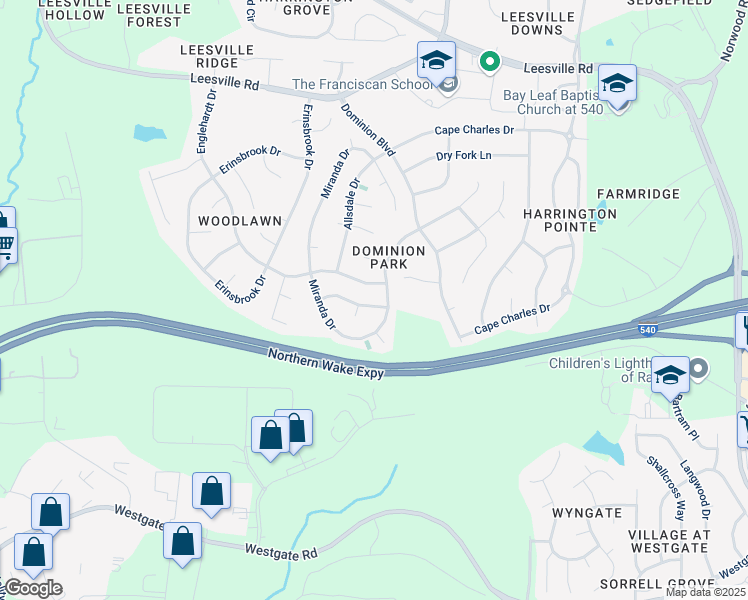 map of restaurants, bars, coffee shops, grocery stores, and more near 6504 Vosburgh Drive in Raleigh