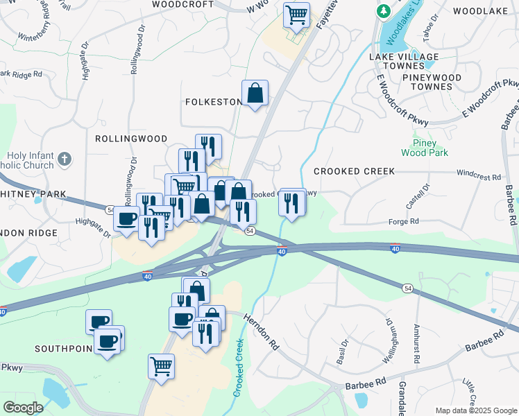 map of restaurants, bars, coffee shops, grocery stores, and more near 234 Crooked Creek Parkway in Durham