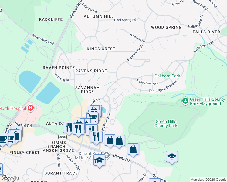 map of restaurants, bars, coffee shops, grocery stores, and more near 1300 Durlain Drive in Raleigh