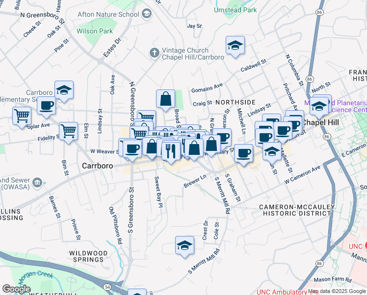 map of restaurants, bars, coffee shops, grocery stores, and more near 100 Broad Street in Carrboro