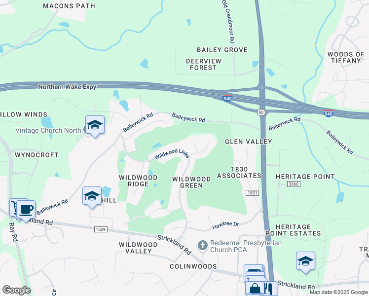 map of restaurants, bars, coffee shops, grocery stores, and more near 3000 Fownes Court in Raleigh