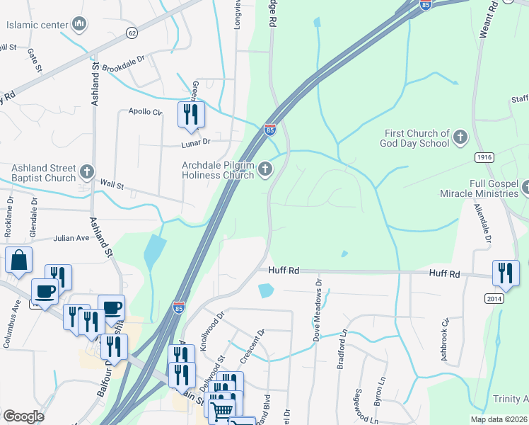 map of restaurants, bars, coffee shops, grocery stores, and more near 423 Aldridge Road in Archdale