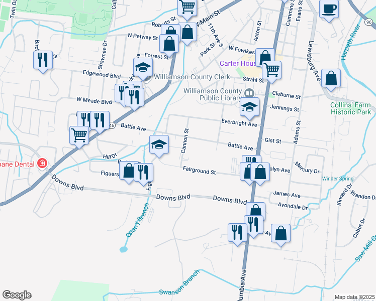map of restaurants, bars, coffee shops, grocery stores, and more near 1405 Cannon Street in Franklin