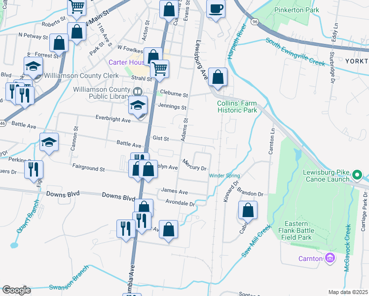 map of restaurants, bars, coffee shops, grocery stores, and more near 1405 Adams Street in Franklin