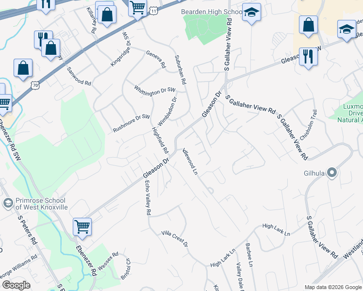 map of restaurants, bars, coffee shops, grocery stores, and more near 500 Idlewood Lane in Knoxville