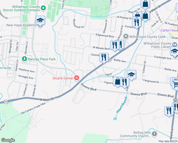 map of restaurants, bars, coffee shops, grocery stores, and more near 1500 West Main Street in Franklin