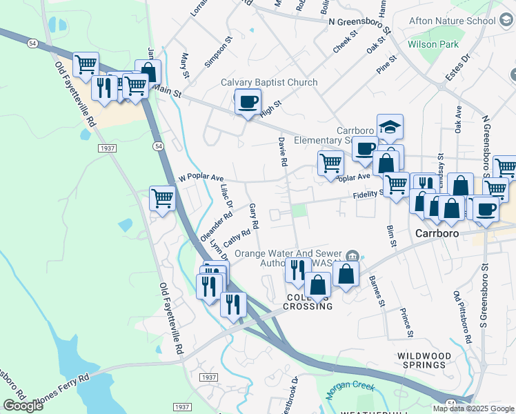 map of restaurants, bars, coffee shops, grocery stores, and more near 201 Gary Road in Carrboro