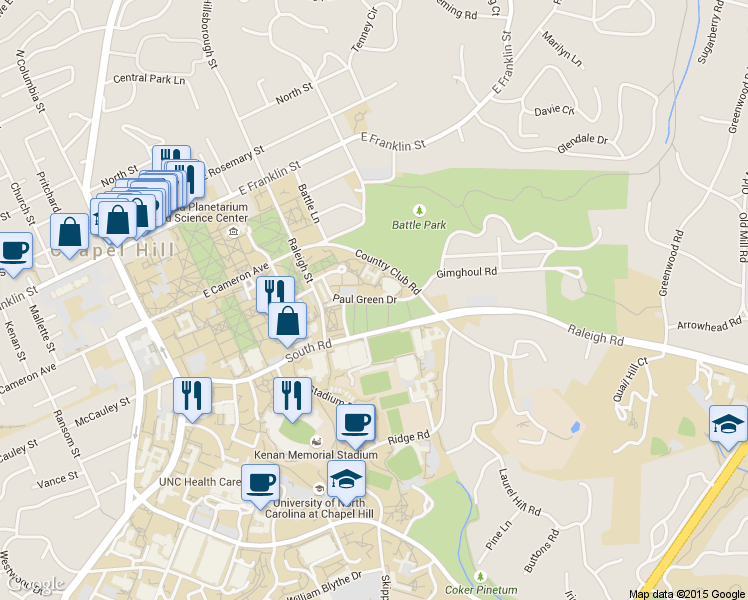 map of restaurants, bars, coffee shops, grocery stores, and more near Paul Green Drive in Chapel Hill