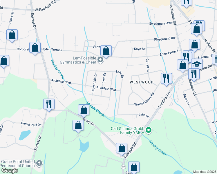 map of restaurants, bars, coffee shops, grocery stores, and more near 200 Archdale Boulevard in Archdale