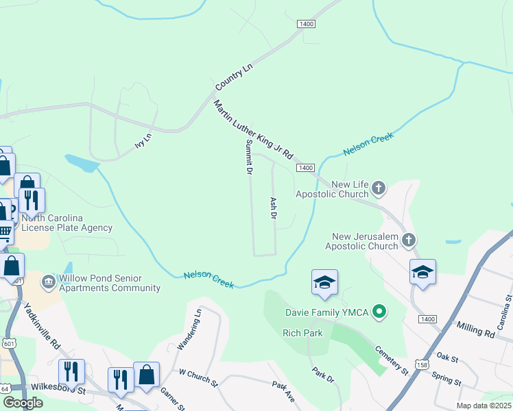 map of restaurants, bars, coffee shops, grocery stores, and more near 211 Summit Drive in Mocksville